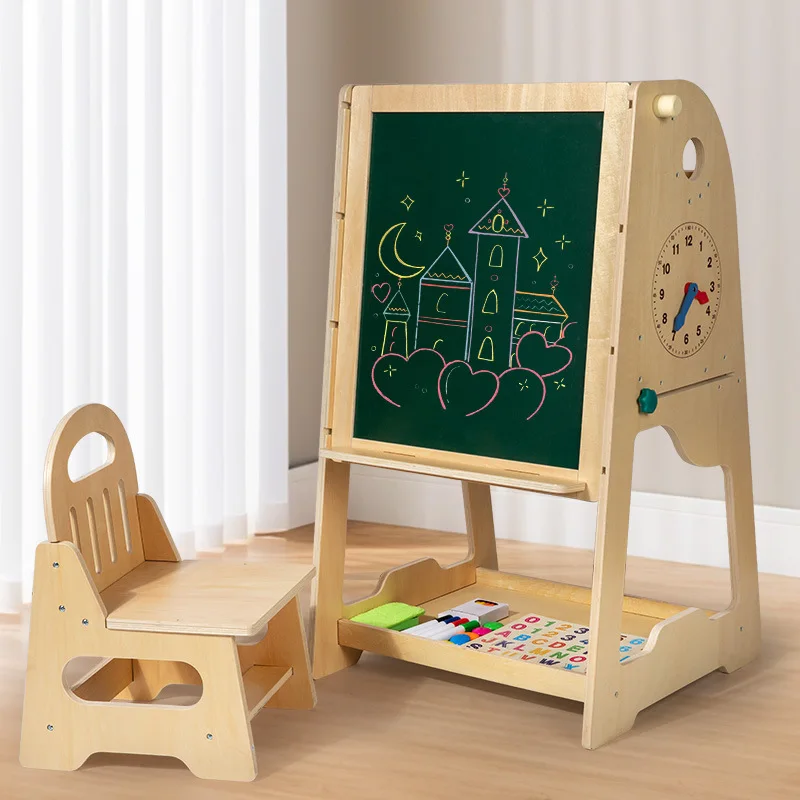 Multifunctional Wooden Kids Learning Table with Stool Drawing Board Doodling Stand and Educational Activity Toy for Toddlers