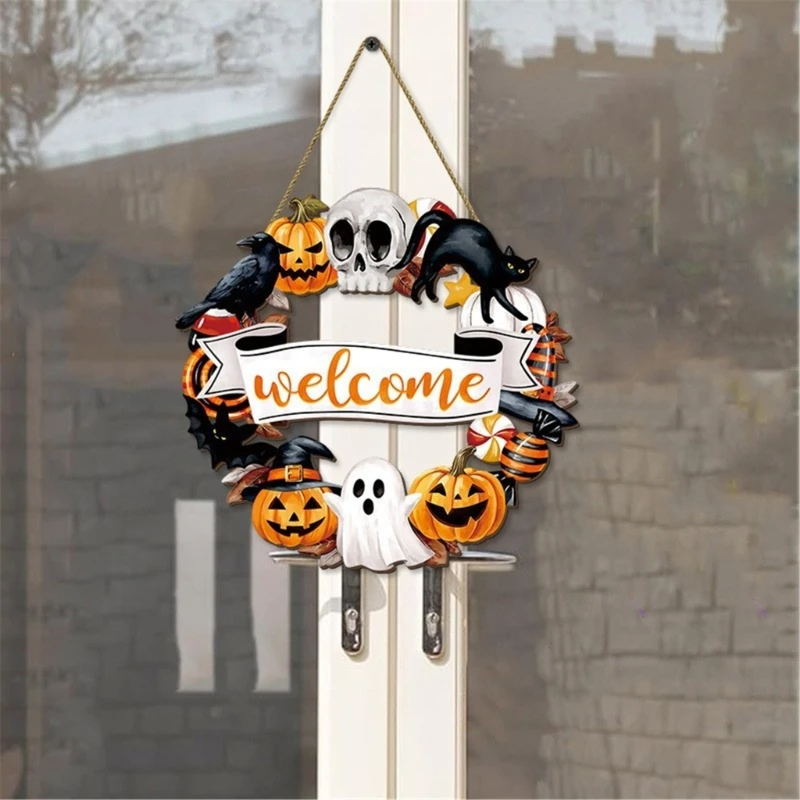  Halloween Decorations Welcome Sign Wooden Wreath Front Door Hanger Wooden Wreath