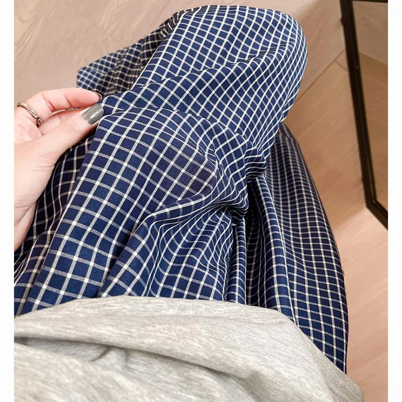 2025 Lente Meisjes Mode Marineblauwe Geruite Broek Vrouwelijke Koreaanse Retro Hoge Taille Broek Lady Chic Designer Rechte Pijpen Broek