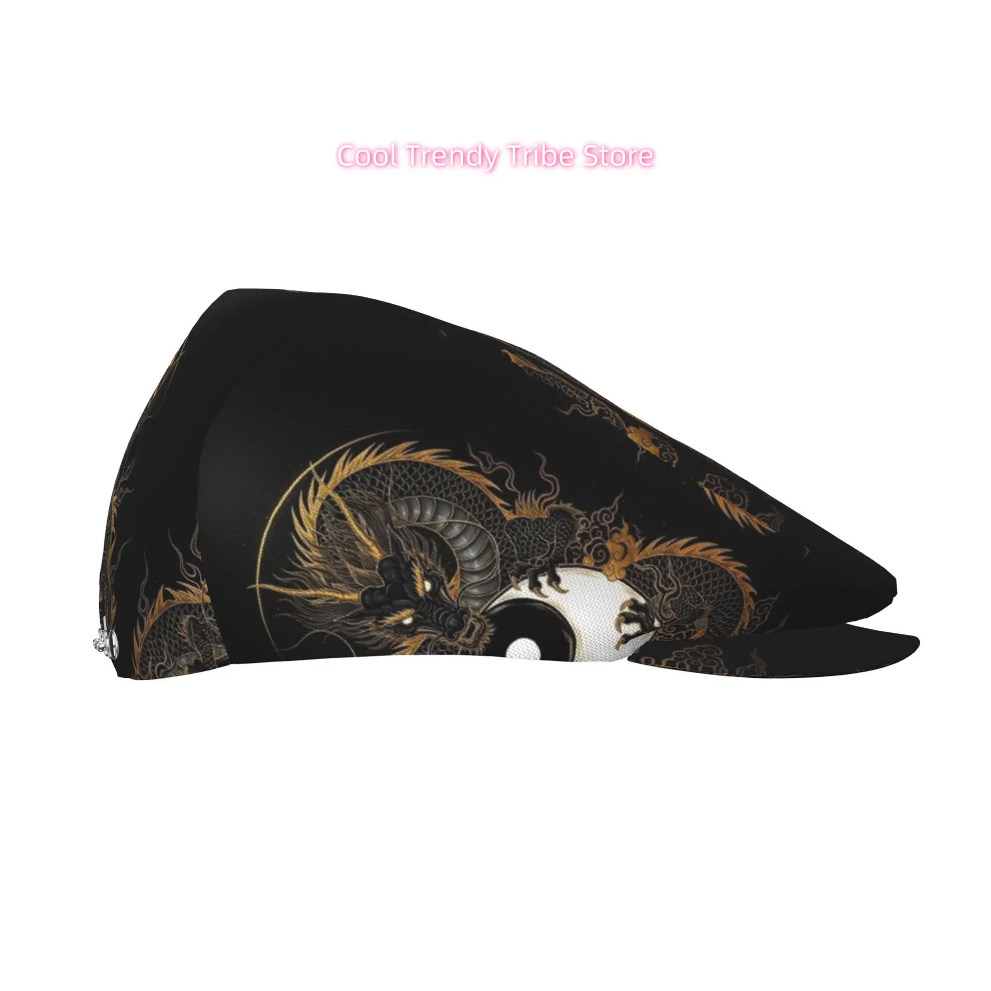 Flat-Top Hats Featuring a Black Golden Dragon Design on a Yin Yang Pattern, Suitable for Both Men And Women, Including Newsboy C