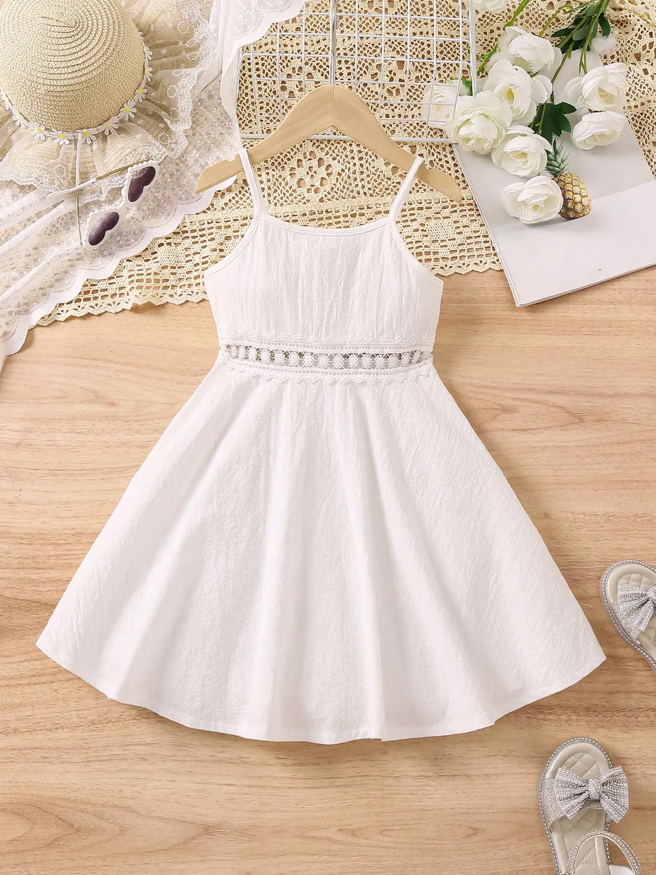 

White Girls Sleeveless Cami Dress with Lace Waistband, A-Line Fit