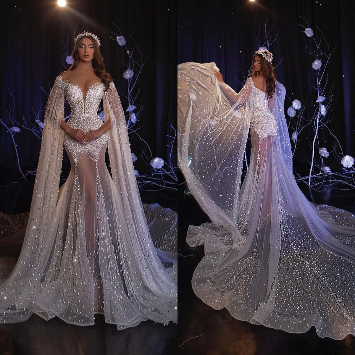 

Sexy Mermaid Wedding Dress More Pearls Off Shoulder Cape Sleeves Bridal Gowns Custom Made Vestido De Novia