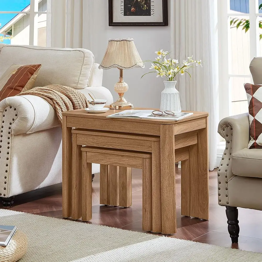 armhouse Nesting Tables Set o 3, Living Room Table Set with Rounded s & 4 Thickened Table Legs & Stacking ability, k Wood