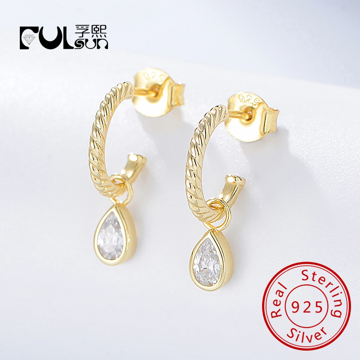 

Funky 925 sterling silver 14k Gold Plated Twisted Cuff Pear Cz Drop Charm Fancy Earring for women jewelry