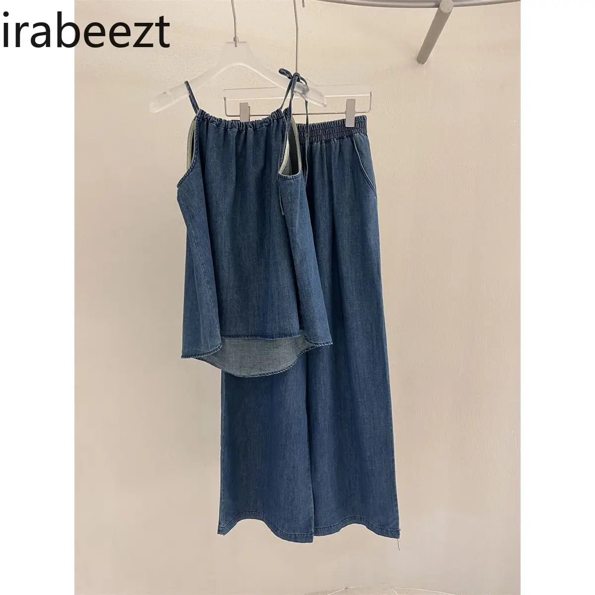 South Korea's New Slouchy Fashion Halter Vest Imitation Denim Jacket Wide Leg Straight Leg Imitation Jeans Two-piece Set Women