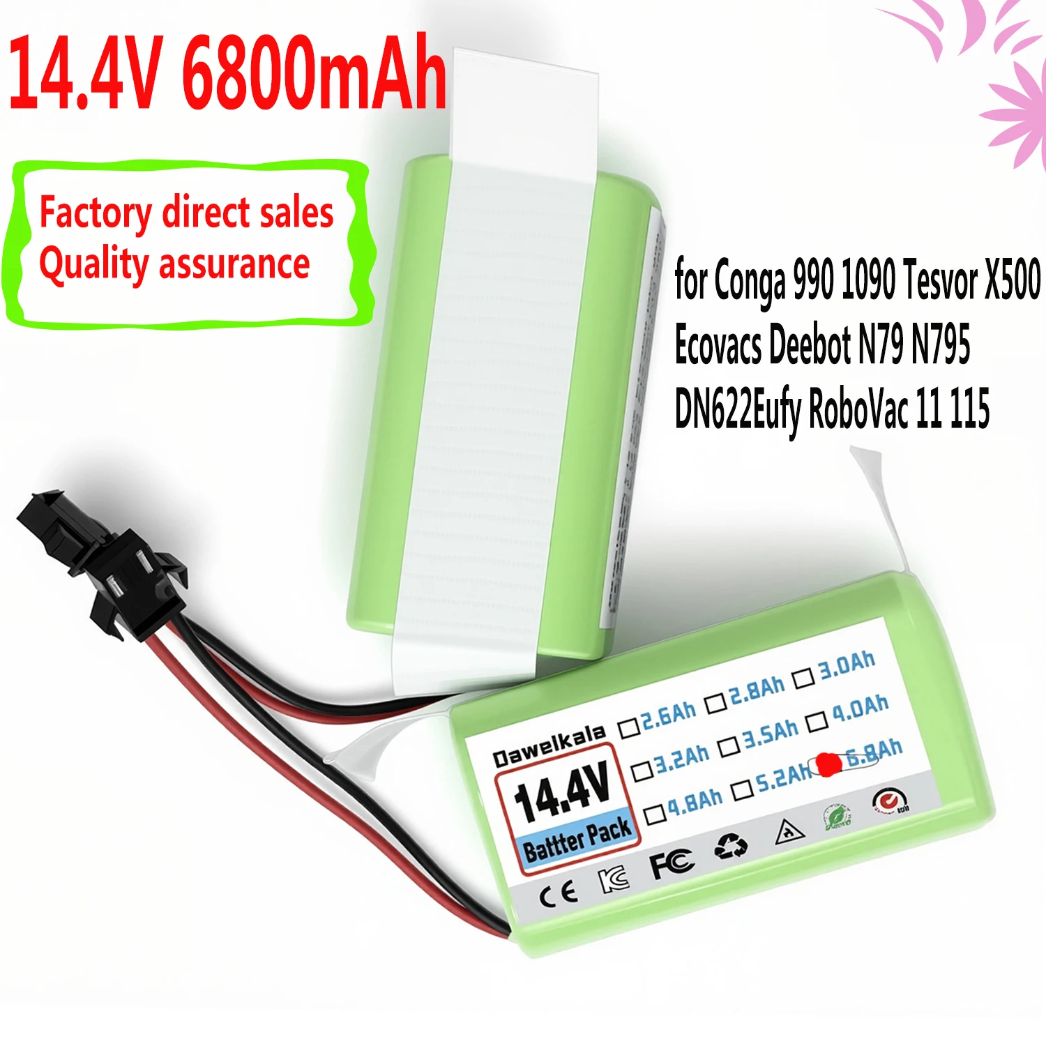 14.4V High capacity 6800mAh Li-ion rechargeable replacement battery For Eufy RoboVac 11,  11S,  11S MAX, 12，Tesvor X500