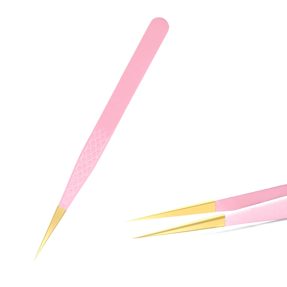 1 Pcs Eyelash Tweezers Extension Pink Stainless Steel Superhard Tweezers With Fiber Tips High Precision Anti-Static Tweezers