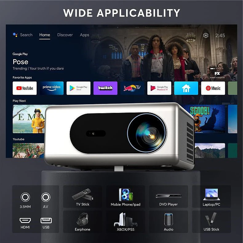 Factory E580 Pro Smart Projector 4K Android 12 800 Lumens 3D Ready Portable Home Theater LCD