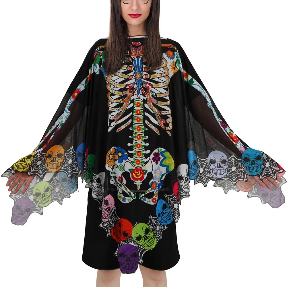 Anime Christmas Sexy See Throught Lace Skeleton Poncho for Women Halloween Cloak Girl Cape Day of The Dead Cosplay Costume