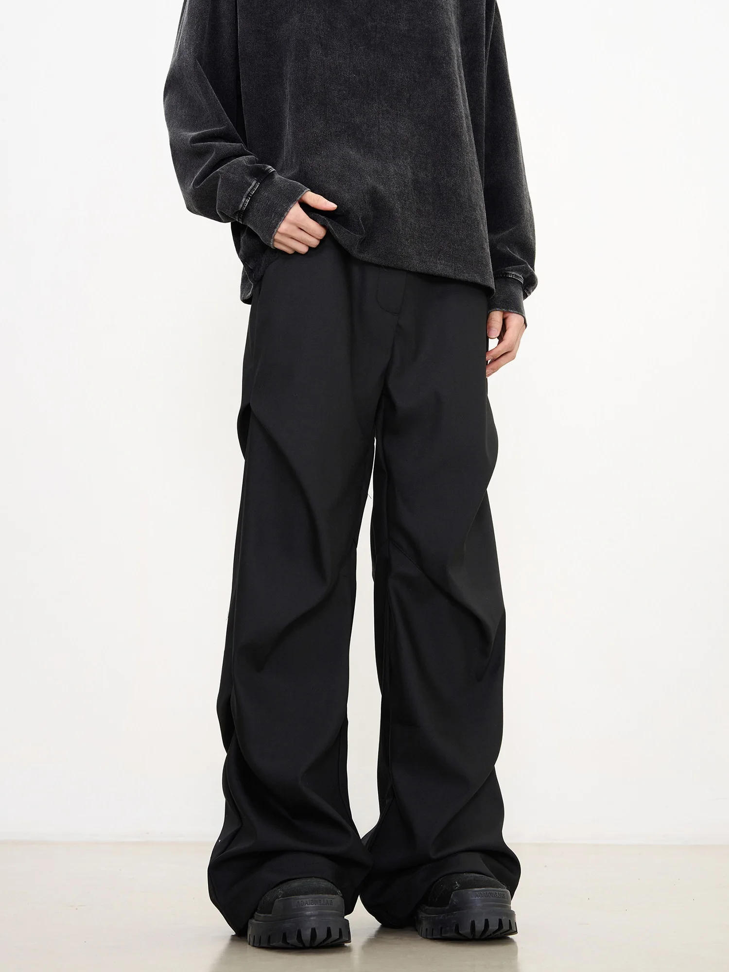 

American Sle Casual Trousers Loose Straight Leg Pants Men's Floor-Length Pleated Drapey Bla West Pants Youth Faion