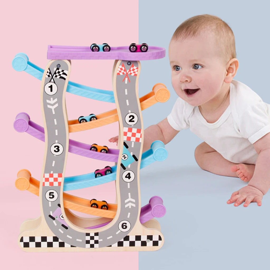 Ramp Track Racing Car Playset Wooden Train Set with 6pcs Cars Children Kids Educational Vehicle Game Toys Children Gift