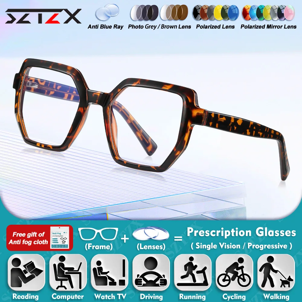 

SZTZX Classic High Quality Multiangular Frame Myopia Reading Work Glasses Women Anti Blue Light Progressive Prescription Eyeware