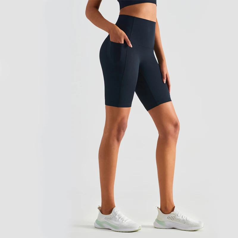 New Women\'s Slimming Super High Waist Fitness Sports Tights with Curved Side Pockets for Hip Lifting Peach Yoga Shorts