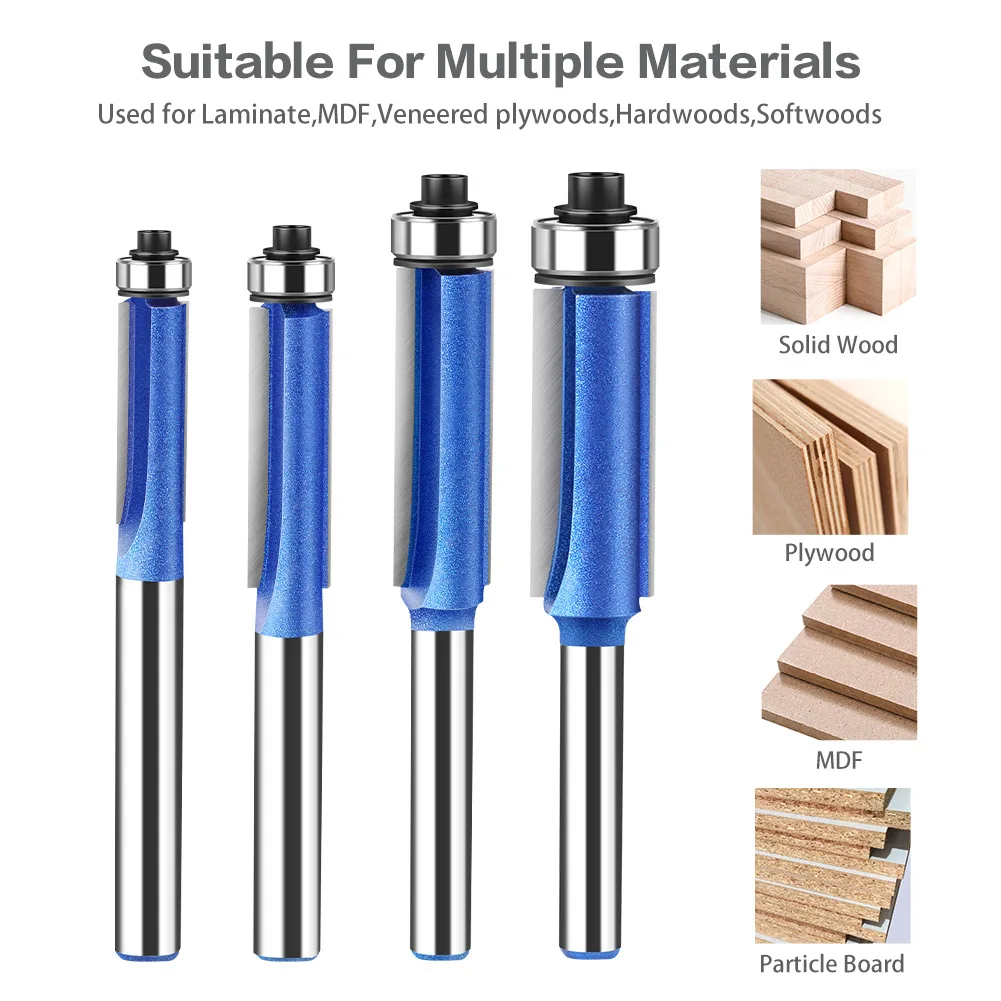 6mm 1/4in Shank Trim Router Bit Set with Bearing for Wood Template Pattern Bit Tungsten Carbide Milling Cutter Woodworking Tools