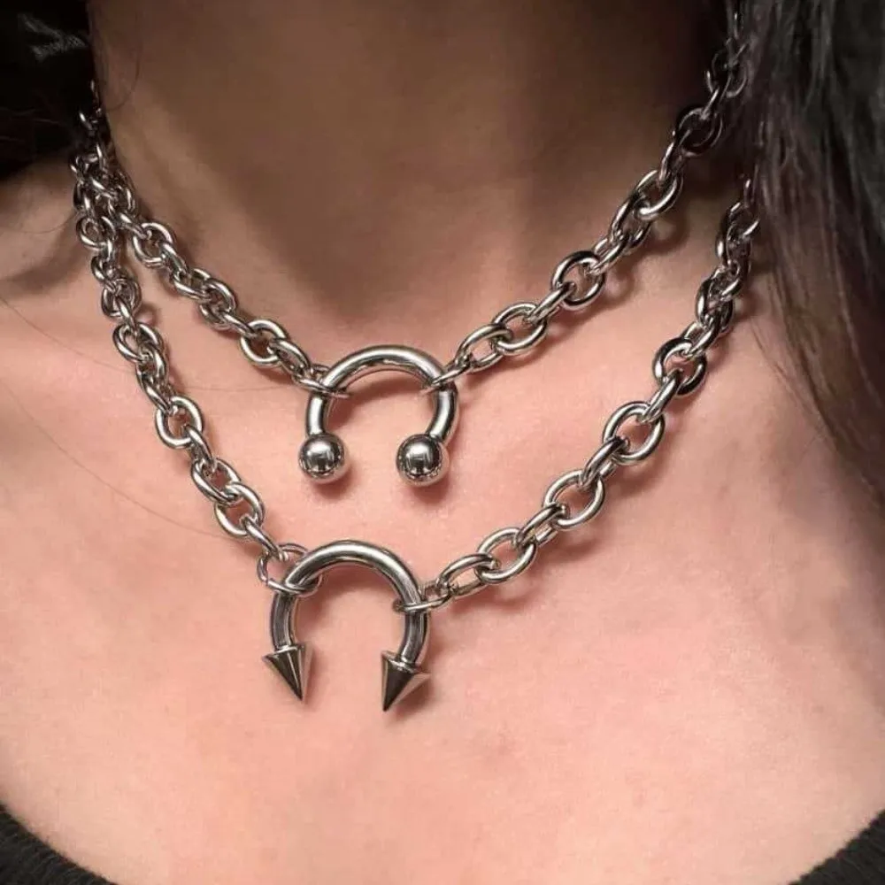 Fashion Punk Nose Clip Necklace Retro Geometric Punk Style Chain Gothic Thick Round Ring Choker Necklace Women