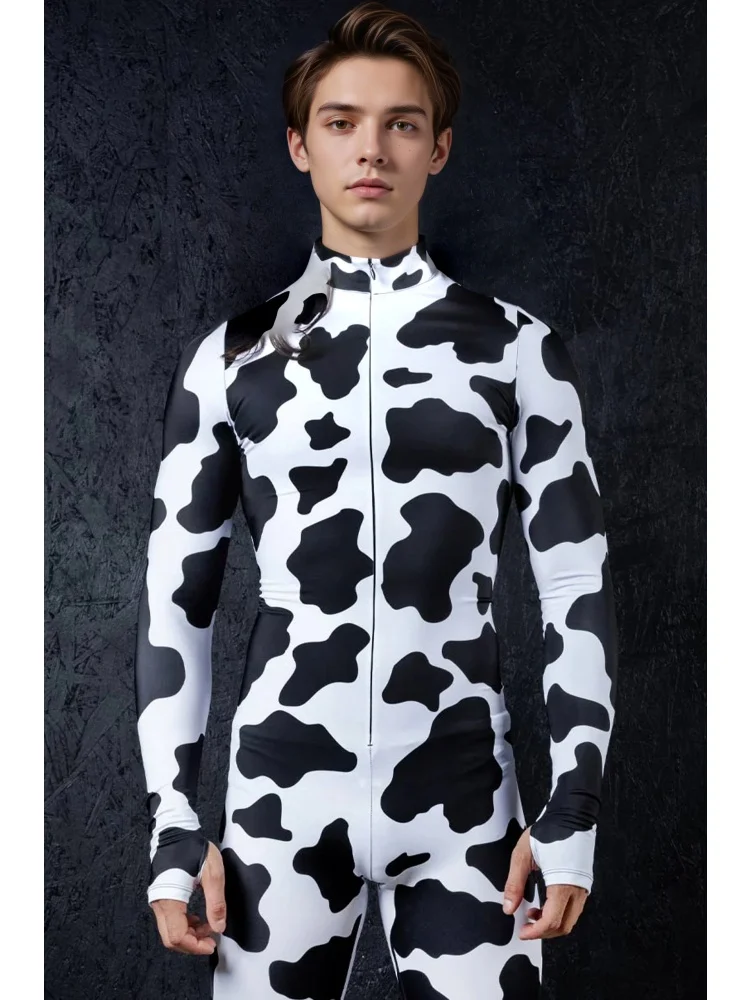 Paar-Kostüm mit Kuhmuster, Zentai-Anzug, Ganzkörper-Bodysuit aus Spandex für Damen und Herren, Halloween-Cosplay-Kostüm, Tierdruck-Party-Jumpsuit – Detail 6