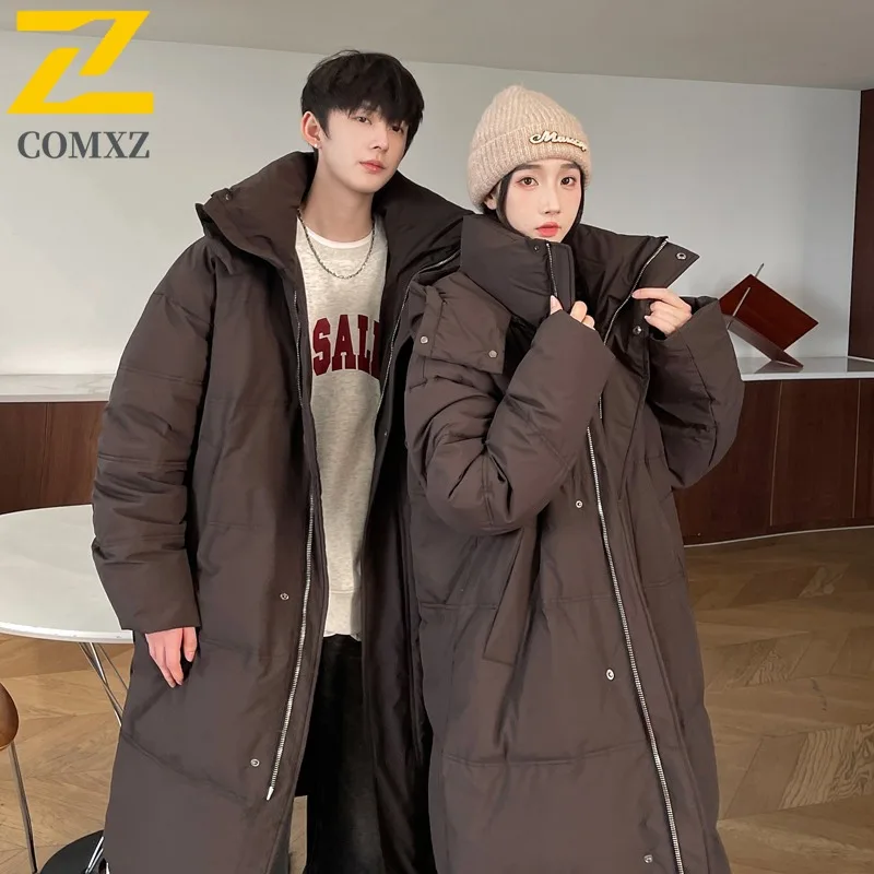 COMXZ Men Winter New Down Jacket Casual Hooded Outdoor Skiing Thick Warm Coats Knee Length Parka Lightweight Windbreaker