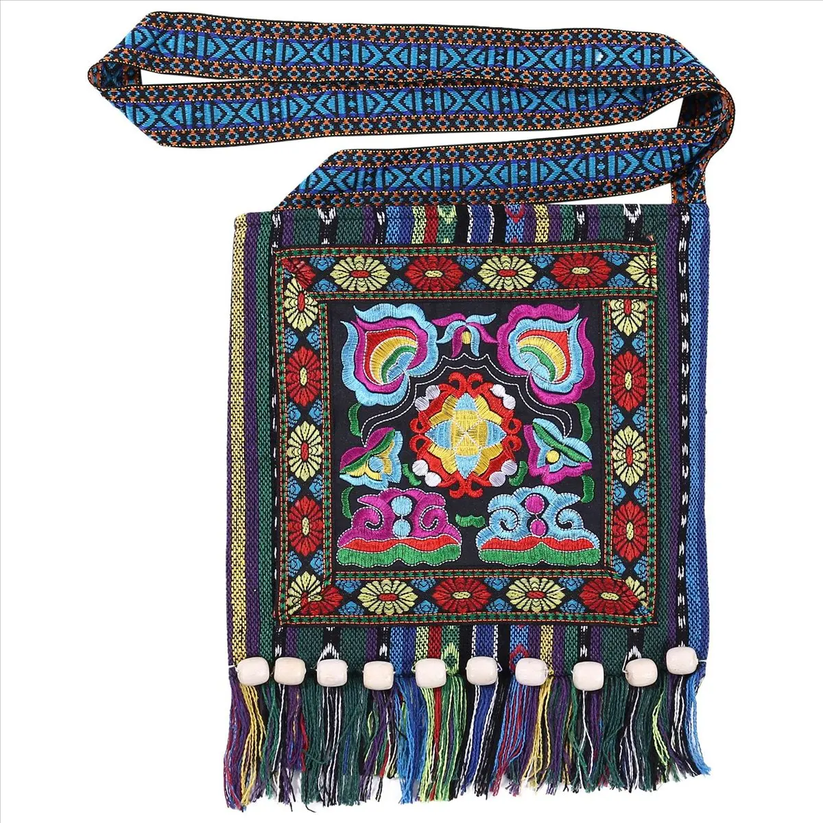 ABQR Hmong Vintage Chinese National Style Ethnic Shoulder Bag Embroidery Boho Hippie Tassel Tote Messenger