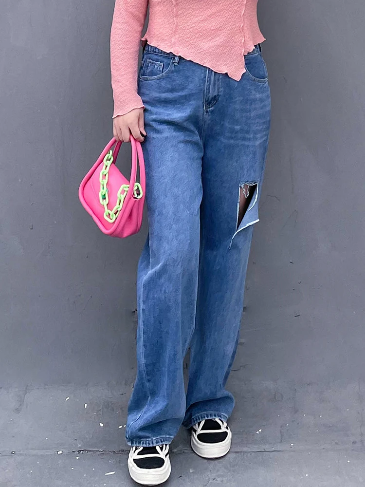 

High Waist Wide Leg Denim Jeans Women's plus Size Bla Hole Ripped Straight Cut Slimming Loose Elastic Waist Retro Jeans