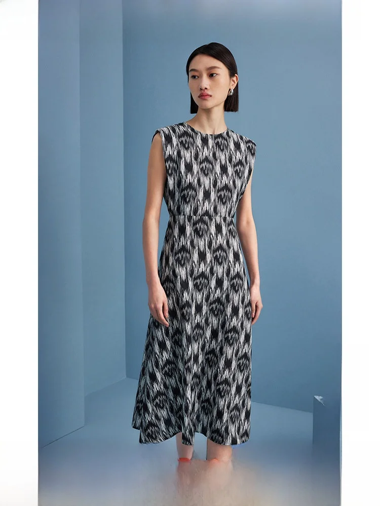 

Mandarina Dress round Neck Sleeveless Print Black White Floral Polyester Fiber Vintage Style Midi Length Overhead Women's Dress