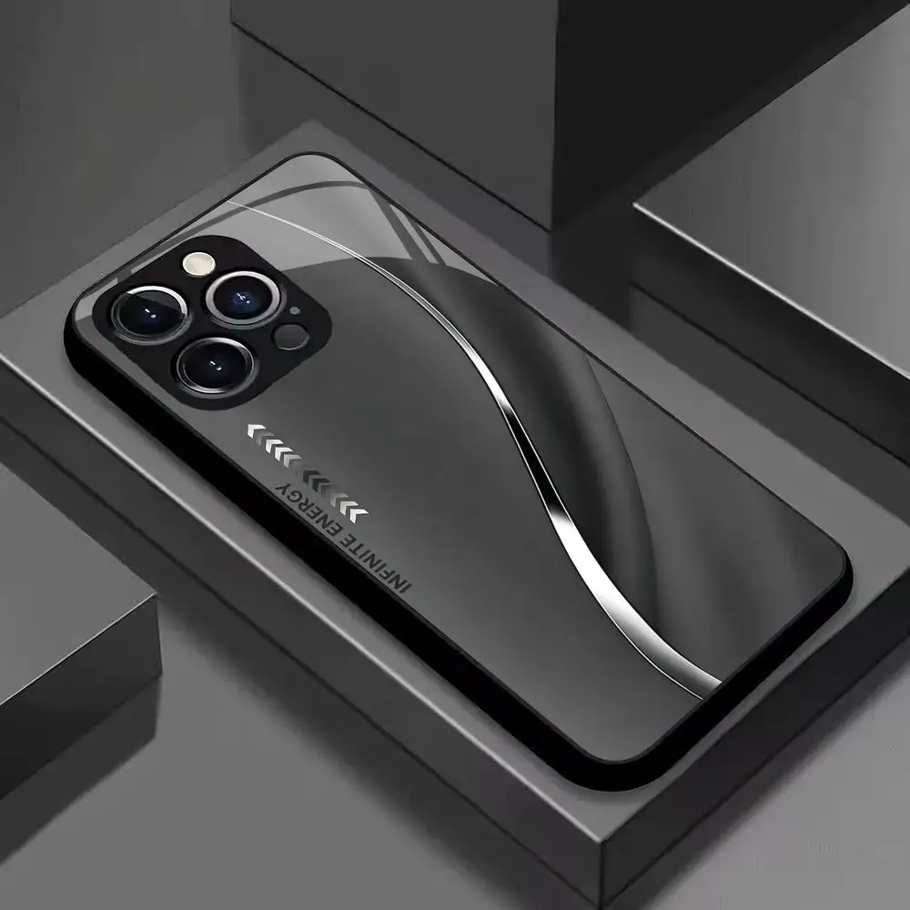 Business black textured pattern tempered glass phone case suitable for iPhone 17 16 15 14 13 12 11 Pro/Max/Plus anti drop