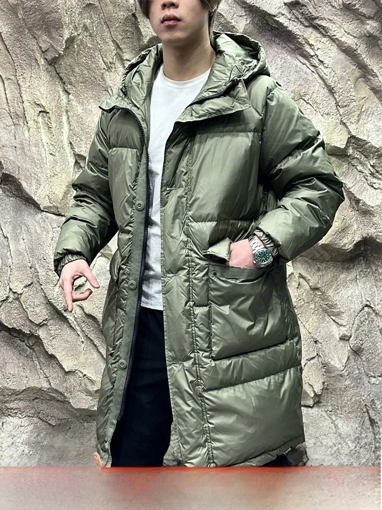 معطف شتوي للرجال من Thiened عالي الجودة 330 جرام 90% أبيض Du down مقاوم للماء معطف شتوي دافئ متوسط الطول بقلنسوة متين للاستخدام الخارجي