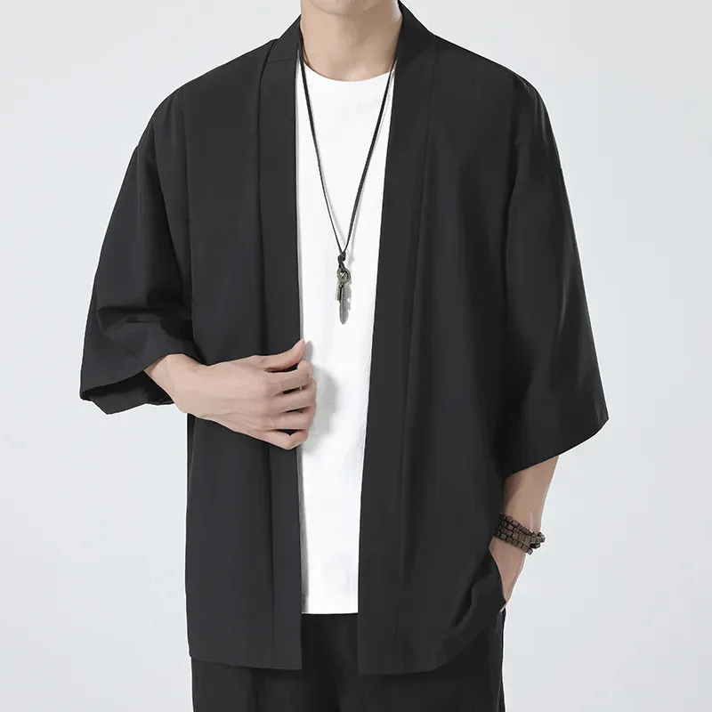 Cárdigan tipo Kimono japonés de gran tamaño para hombre, chaqueta Yukata Haori de media manga para primavera y verano, camisa negra informal, Tops, bata, ropa de calle 5XL