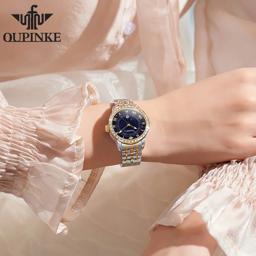 OUPINKE-reloj mecánico automático para mujer, accesorio de lujo, Original, resistente al agua, de marca, elegante, diamante, cielo estrellado, 3203