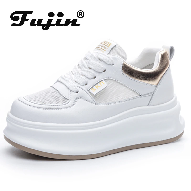 Fujin-Zapatillas gruesas de piel sintética para mujer, zapatos planos de malla de aire de 7cm con plataforma hueca, sandalias de verano y otoño