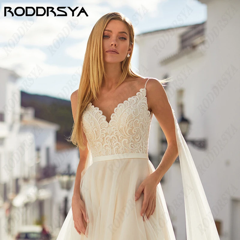 RODDRSYA Encantador Spaghetti Straps Vestido De Noiva Para A Noiva Sexy V-Neck Backless Vestido Novia Civil A-Line Tulle Vestidos De Noiva Encantador Spaghetti Straps Vestido De Noiva Para A Noiva Sexy V-Neck Backless