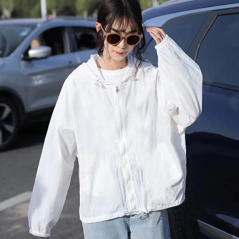 White Hooded Women's Summer Thin Loose Casual Cardigan Outerwear Polyester Fiber Long Sve Zipper Closure Color