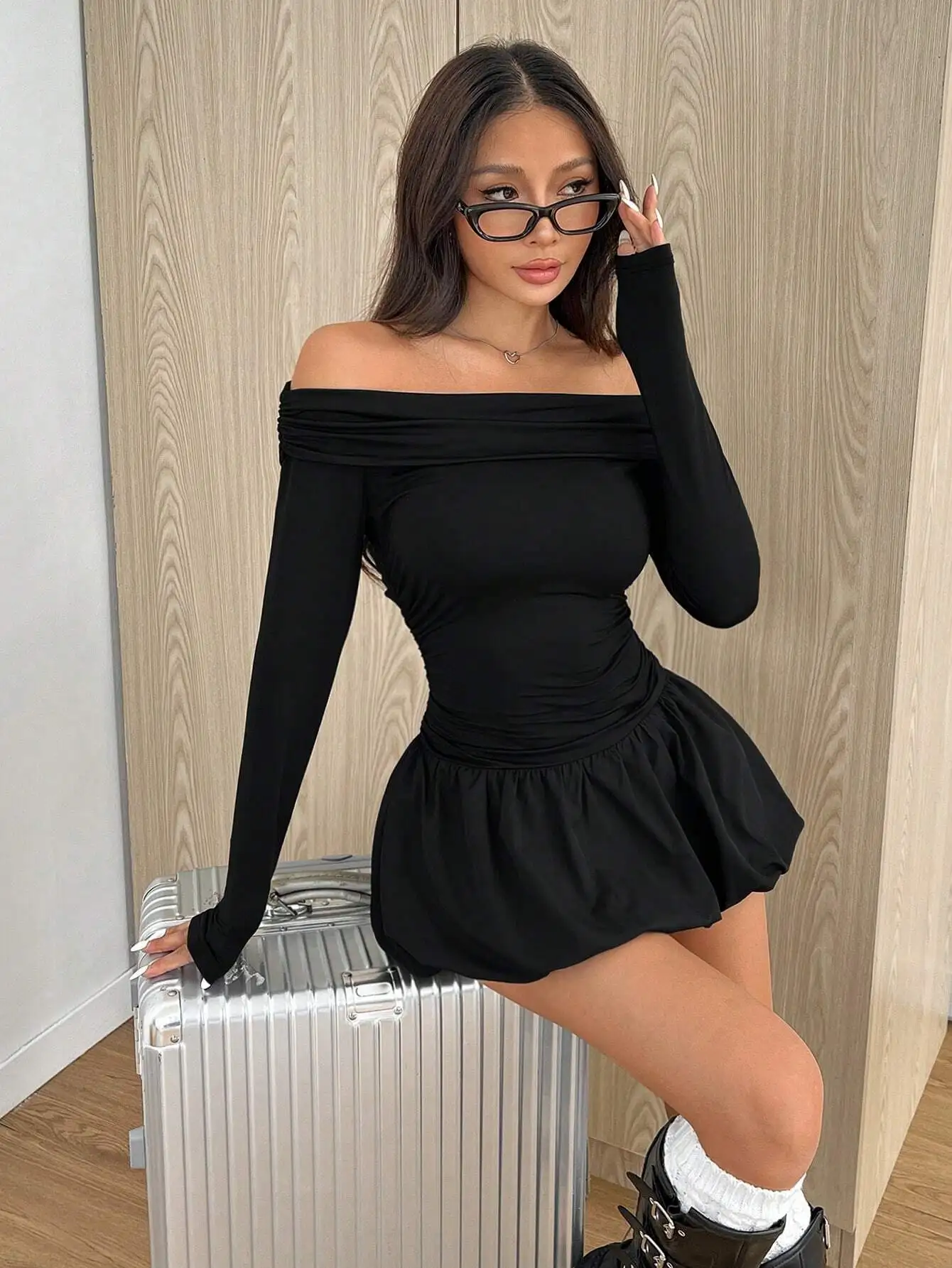 Women's Solid One-Shoulder Long Sleeve Ruffle Hem Mini Dress For Spring & Autumn,Summer Dresses For Women