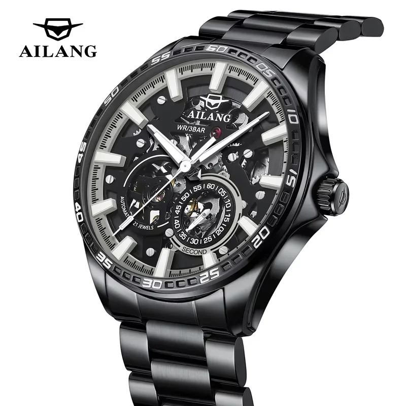 AILANG Men's Watches Skeketon Flywheel Automatic Mechanical Original Wristwatch for Man Waterproof Luminous Perpetual Calendar