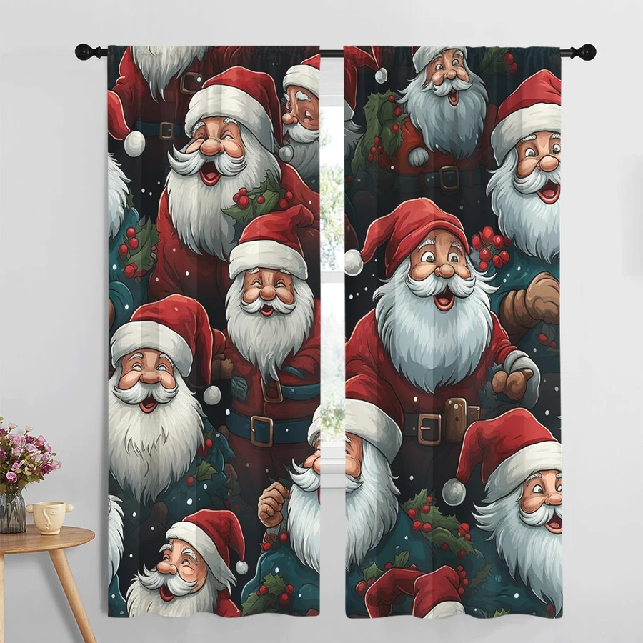 2PCS Santa Claus Pattern Curtains, Cartoon Face Collage Holly Berry Design, Fun Christmas Window Drapes for Bedroom Living Room