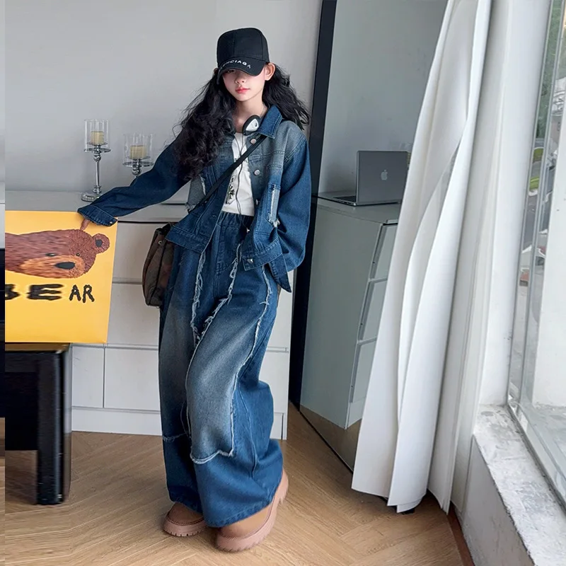 

Korean Children Girl Denim Outfit Autumn Kids Girl Turn Down Collar Coat 4-14Y Girl Wide Leg Jean Junior Girl 2pcs Contrast Set