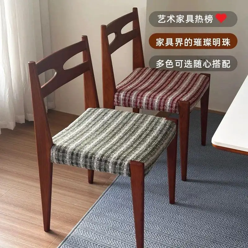 Retro home solid wood dining chair cloth striped dining table and chair practical soft bag backrest