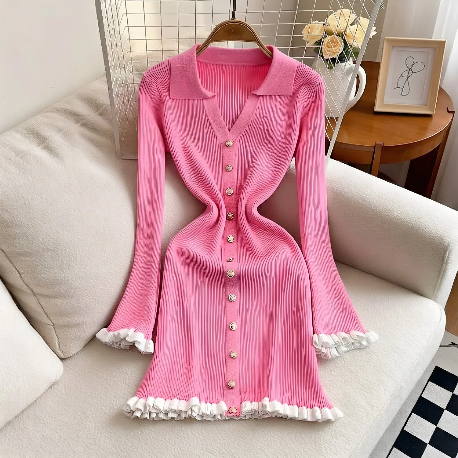 YuooMuoo Schickes Modisches Sexy Figurbetontes Strick-Minikleid 2026 Herbst Winter Vintage Gerüschtes Hemdkleid Damen Party Vestidos – Detail 8