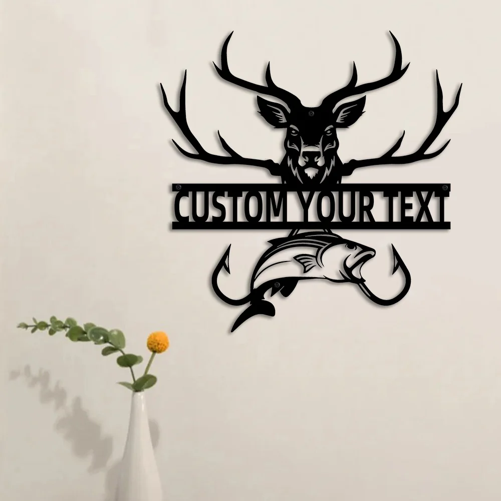 Изготовленный на заказ металлический настенный декор с оленем и рыбой, персонализированный знак охотничьей кабины, идея для домашнего подарка в деревенском стиле