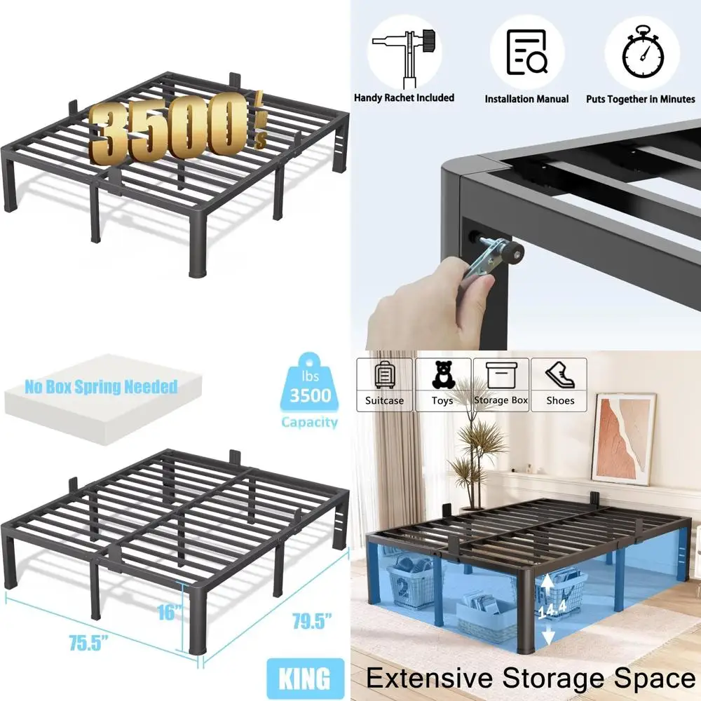 

16 Inch King Size Metal Bed Frame with Rounded Corners and Headboard Opening, Supporting up to 3500 LBS with Mattress Retaining