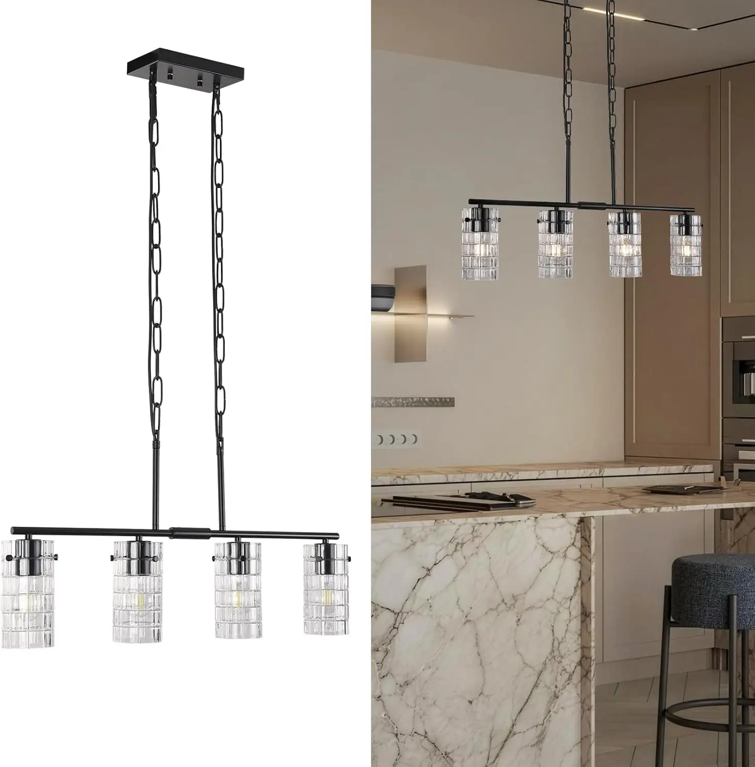 4-Light Black Chandelier Glass Pendant | Compatible with E26 Bulbs, Adjustable Height, Suitable for Kitchen Island, Dining Room, Living Room, Kitchen