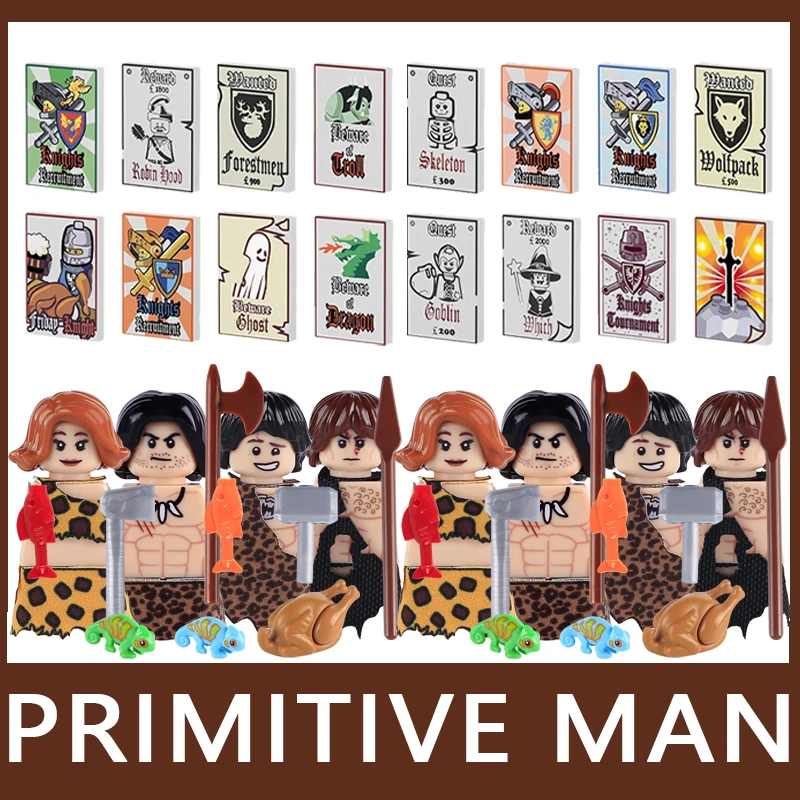 Medieval Primitive Man Figures Building Blocks Soldier Knight Clothes Animal Food Fish Scene Crab Lizard Axe Bricks Toys Gifts