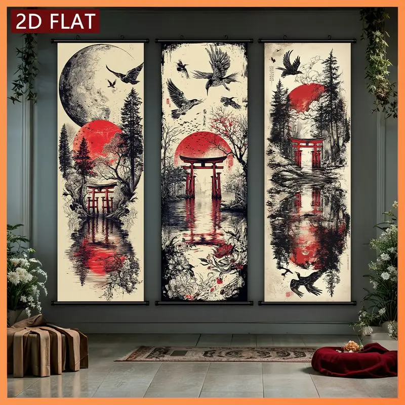 VIKAMA Dark Aesthetic Vertical Scroll Tapestry, Torii Gate, Red Moon, and Water Reflection Landscape Wall Hanging, Home Decor