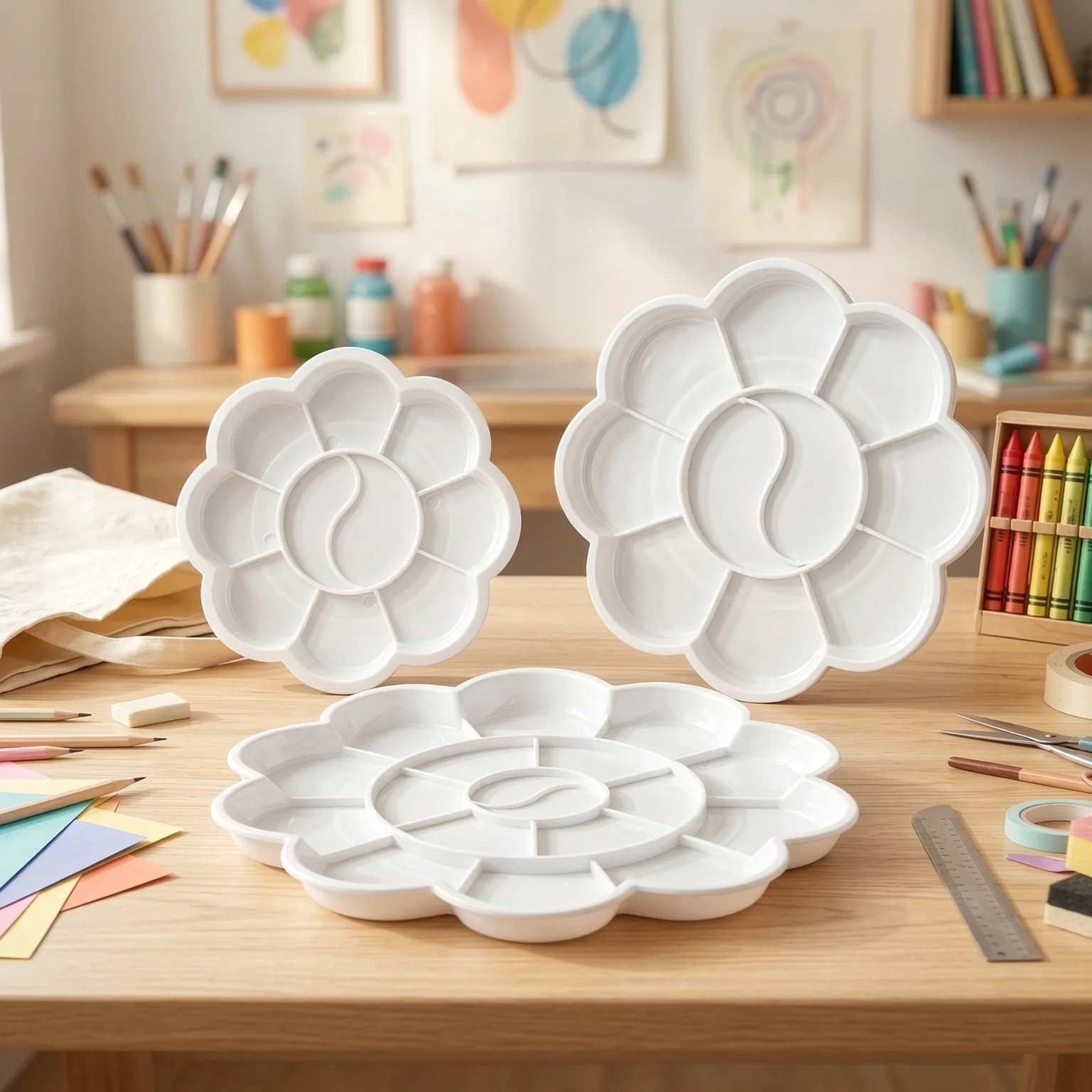 S/M/L/Set Flower Petal Paint Palette White Plastic Mixing Tray Round Wells Reusable Art Supply for Studio Home Painting TMZ