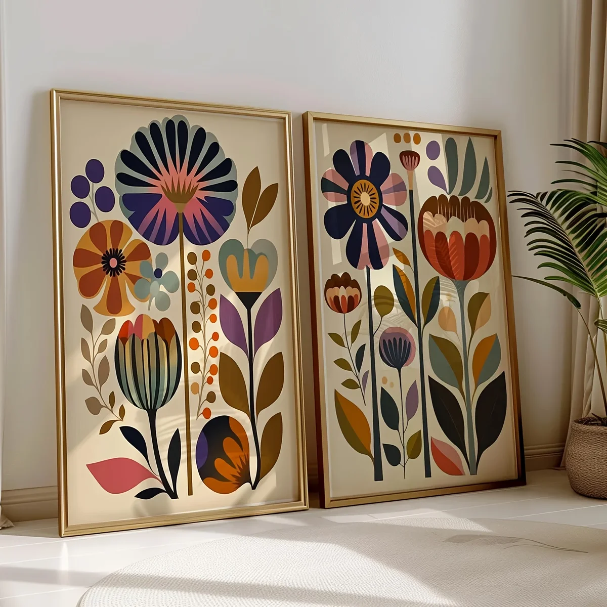 2 Stück moderne skandinavische Wandkunst-Poster, ungerahmtes norwegisches Volksdekor, Boho-Blumendruck, nordische Malerei für Wohnzimmerdekoration
