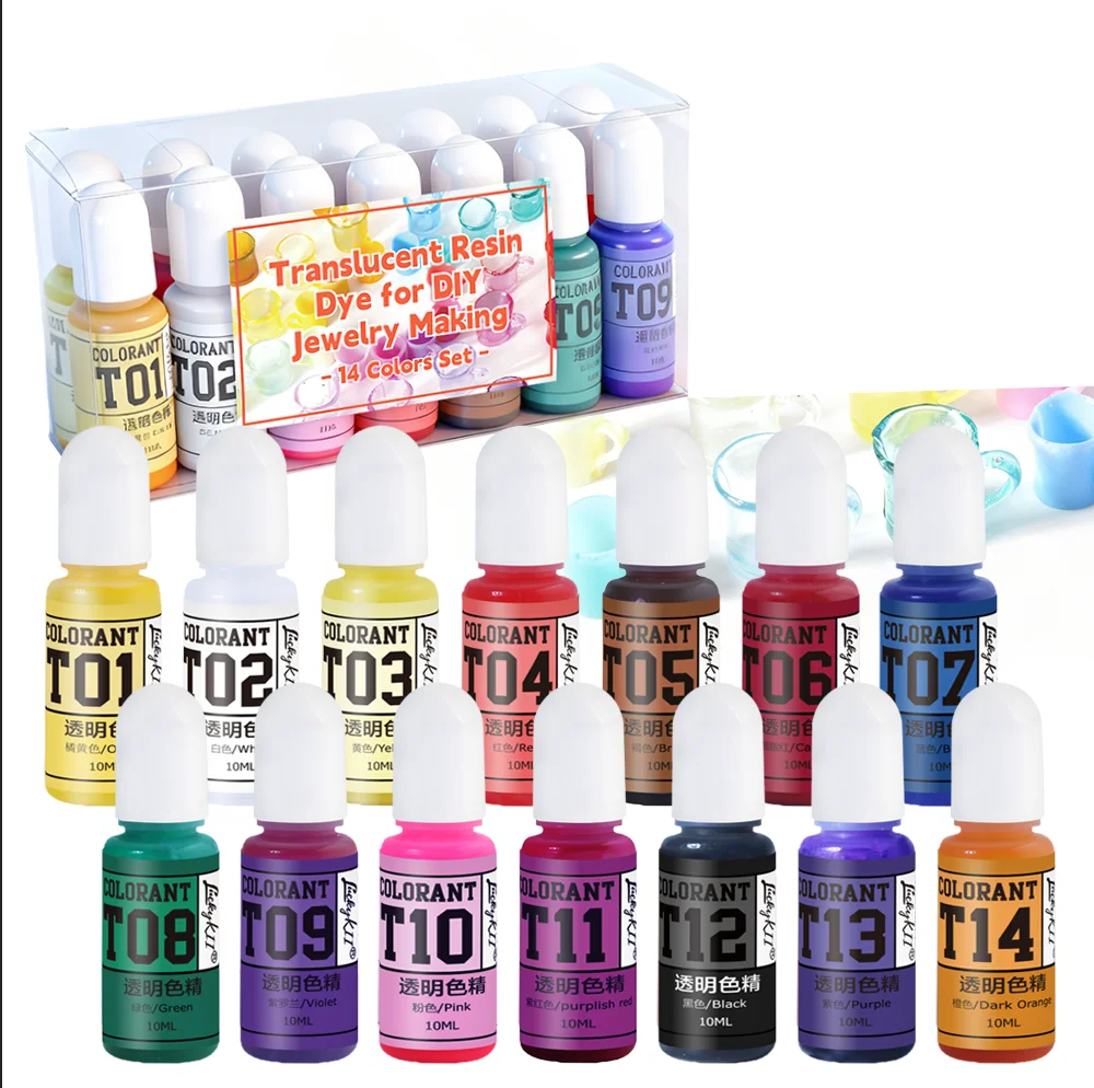 Pigmento de Resina Epoxi Líquida - 14 Colores en Botellas Independientes, Tinte de Resina para Arte en Resina, Joyería DIY y Manualidades, 10 ml Cada Una