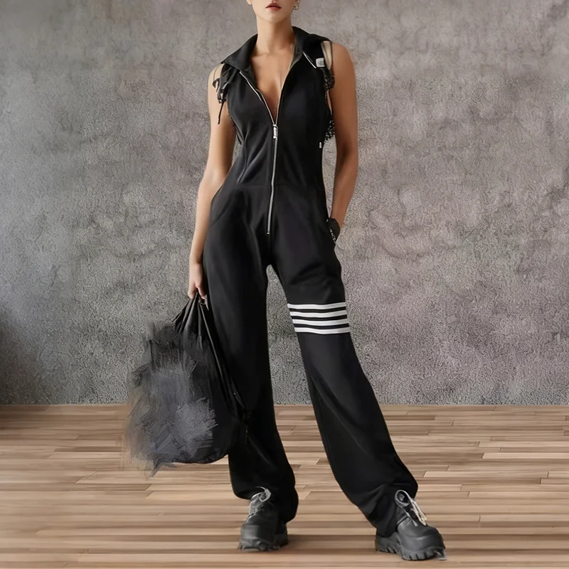 Fashionable Sleeveless Hooded Collar Jumpsuit Women 2026 Summer Lace Zipper Pocket Loose Casual Baggy Pants Jumpsuits Female