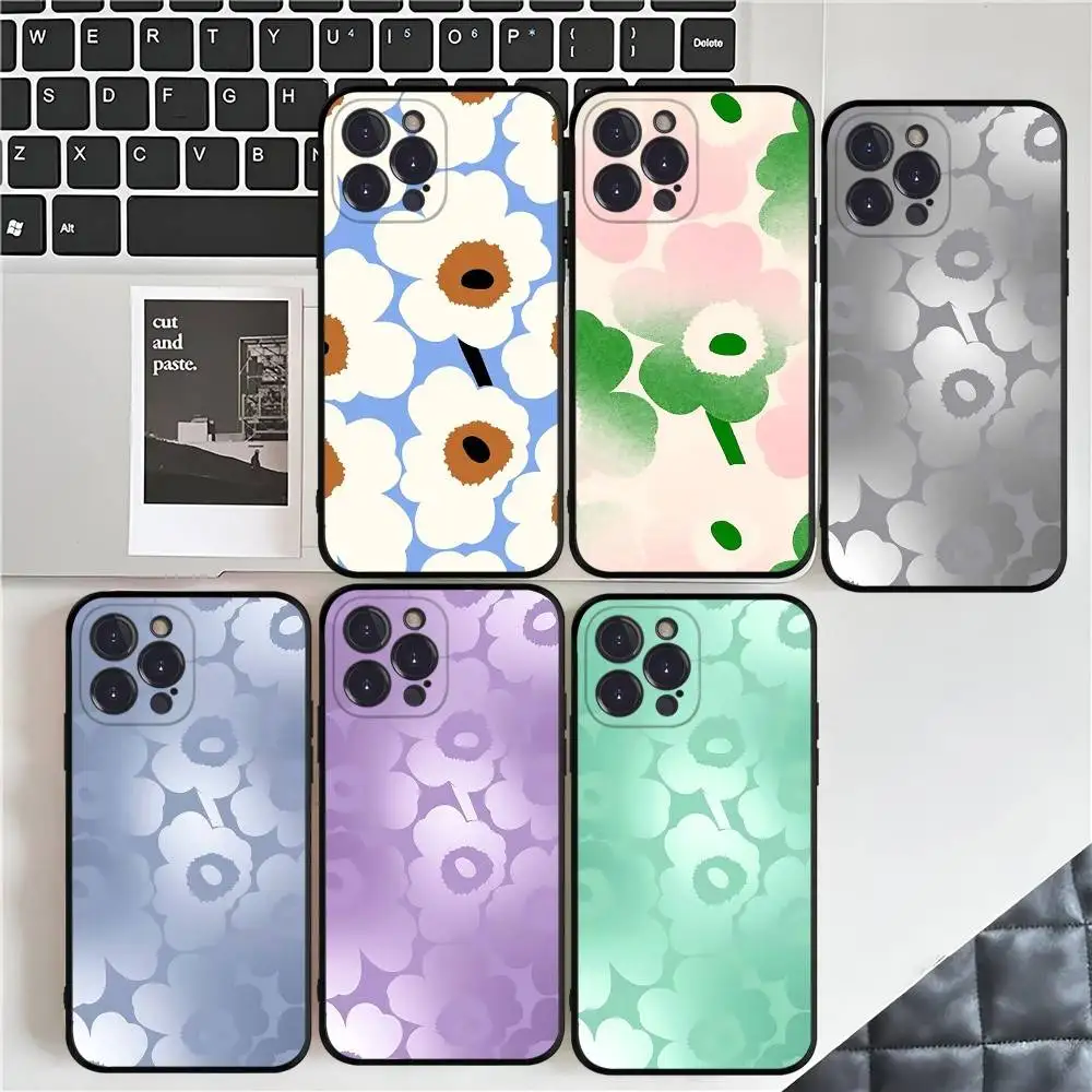 Funda para Teléfono Marimekko-U-Unikko con Diseño de Flores para iPhone 17 16 15 14 13 12 11 Pro Max Plus Mini, Cubierta Suave Negra