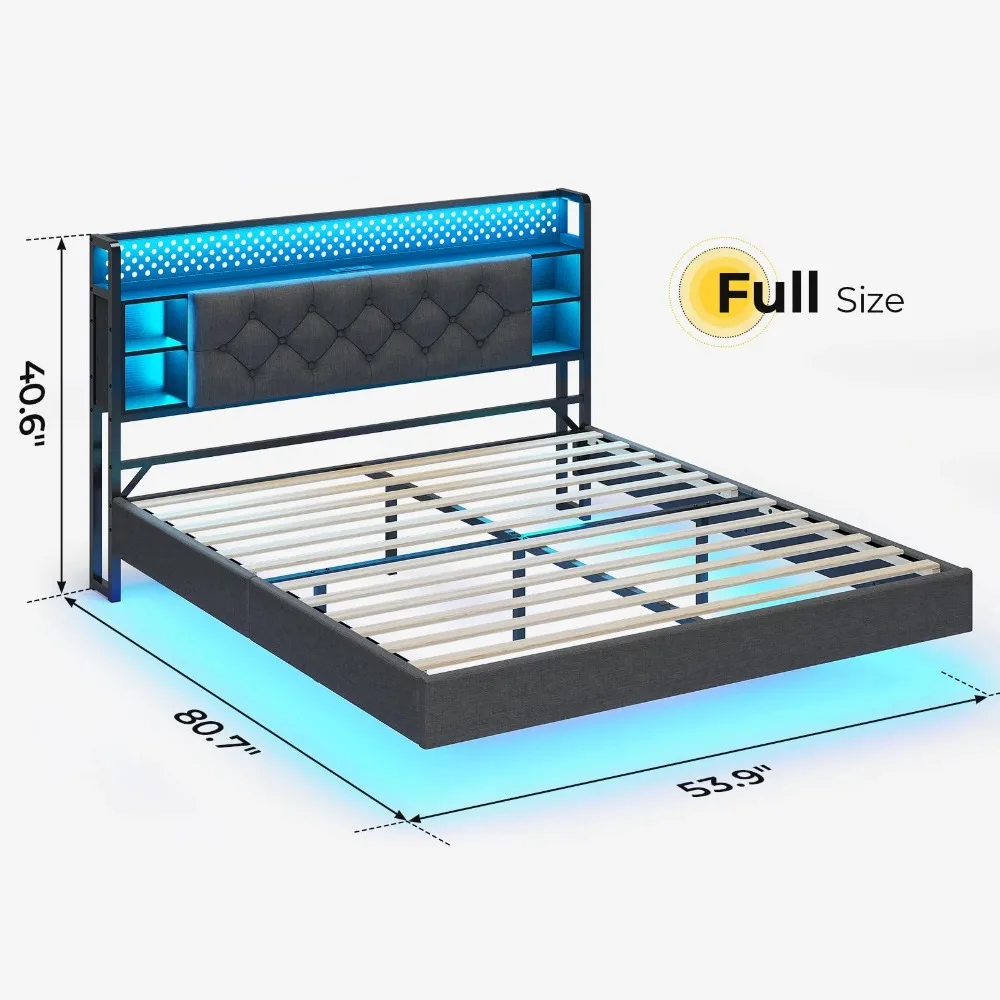 Floating Bed Frame Full Size with LED Lights Headboard, Floating LED Bed Frame with Hidden Storage and USB Port Charing Station