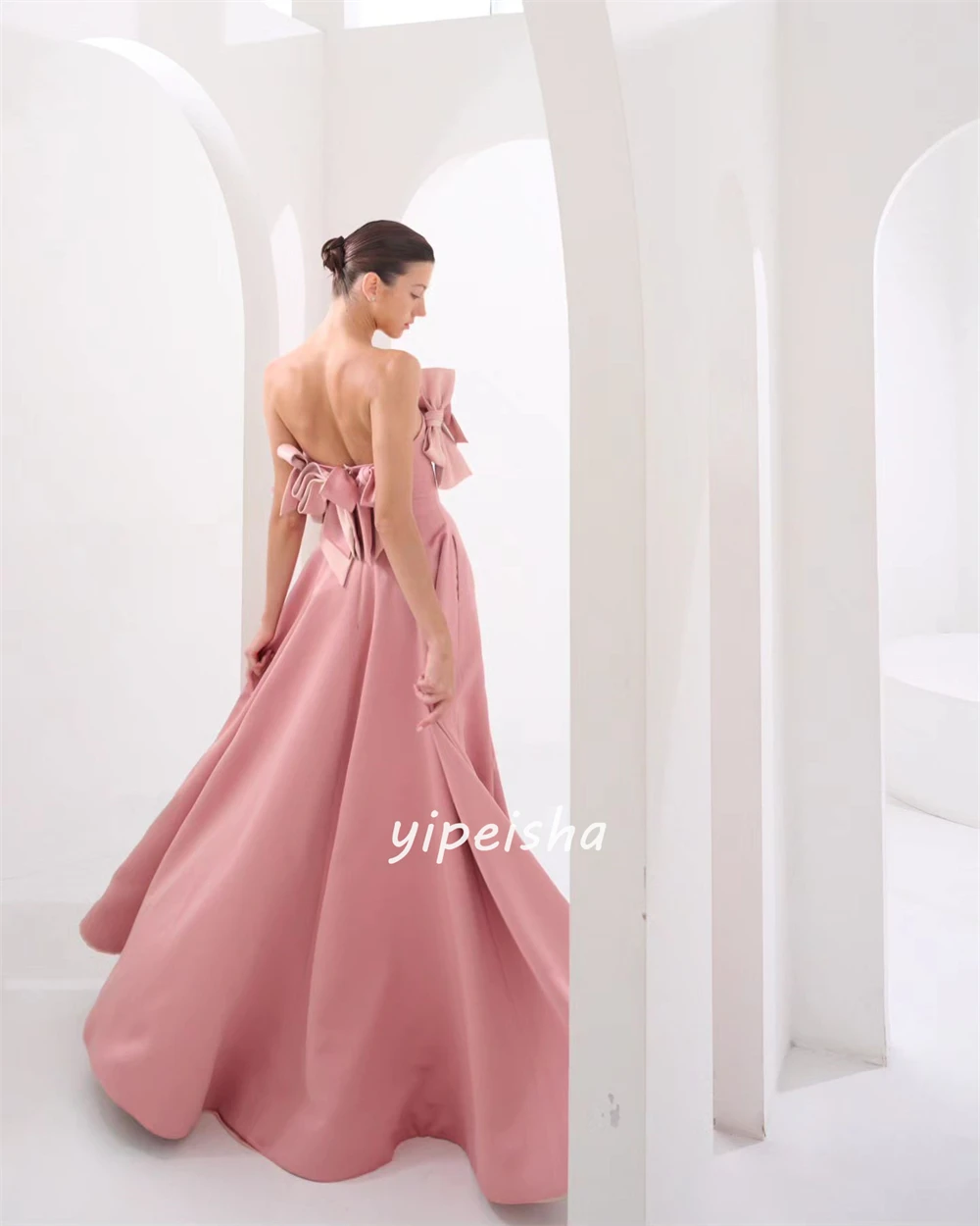 Customized Modern Style Jersey Applique Bow Pleat Ruched A-line Strapless Long Dresses Celebrity Dresses Classic Exquisite Simpl