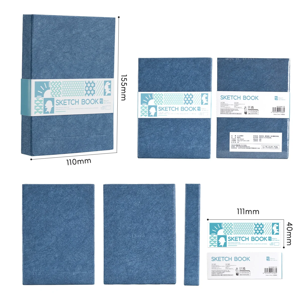 Arrtx Premium A6 schetsboek, 60 vellen, zuurvrij, harde kaft, draagbaar schetsboek voor kunstenaars, ideaal voor tekenen, illustreren en reizen.